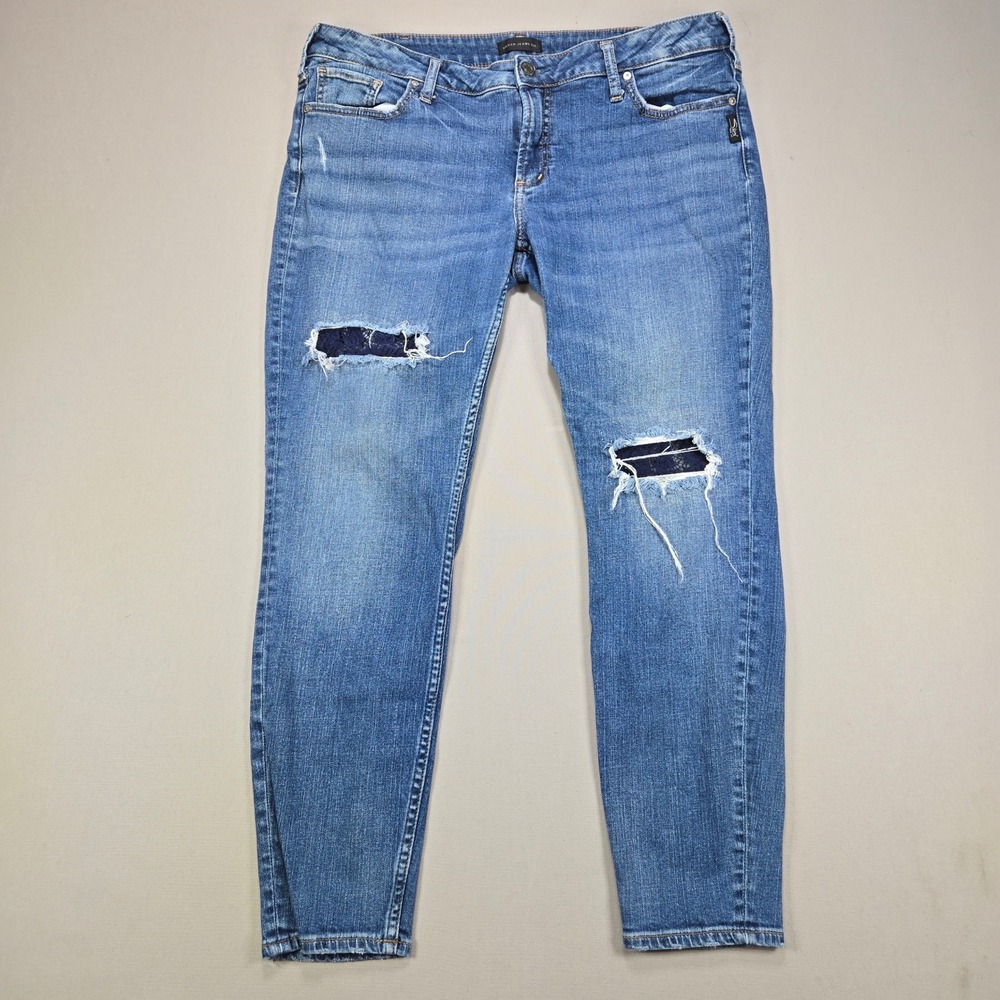 Silver Jeans Co Elyse Skinny Distressed Lace Patch Blue Denim Womens W34 L29